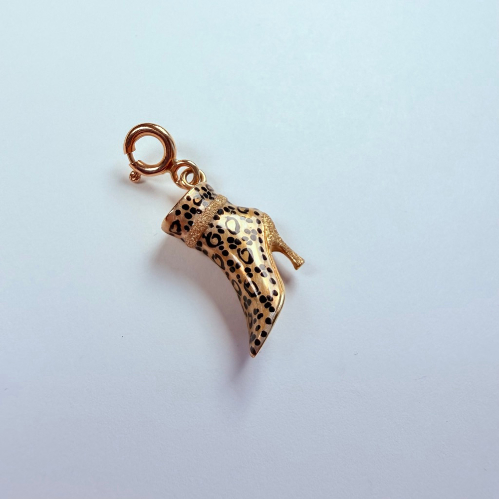 14K Solid Yellow Gold Stuller Enamel Leopard High Heel Shoe VTG Charm Pendant - Picture 3 of 9